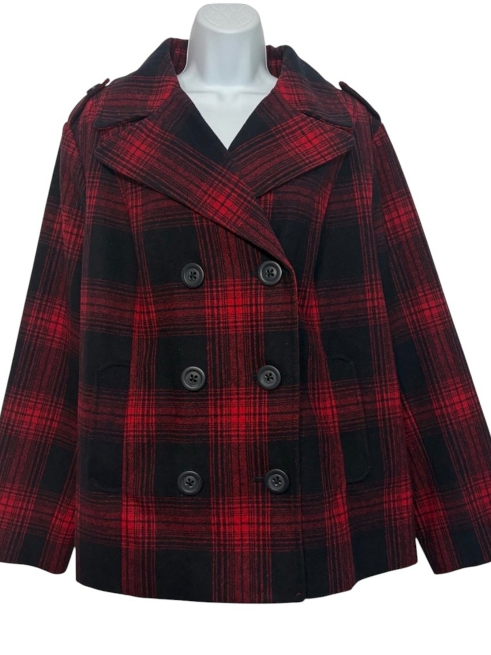 Old Navy Buffalo Red and Black Plaid Classic Cabincore Wool Blend Peacoat SzXXL